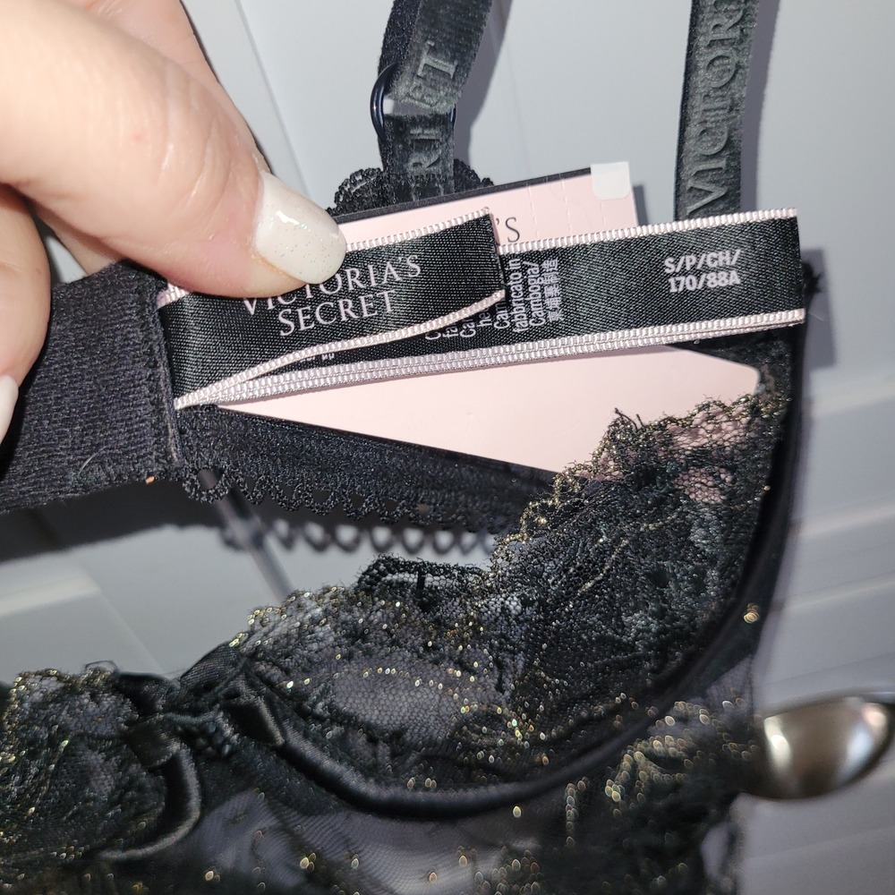 Victoria's Secret Black Gold Floral Embroidered Mesh Underwire Bodysuit S NEW - Picture 3 of 8
